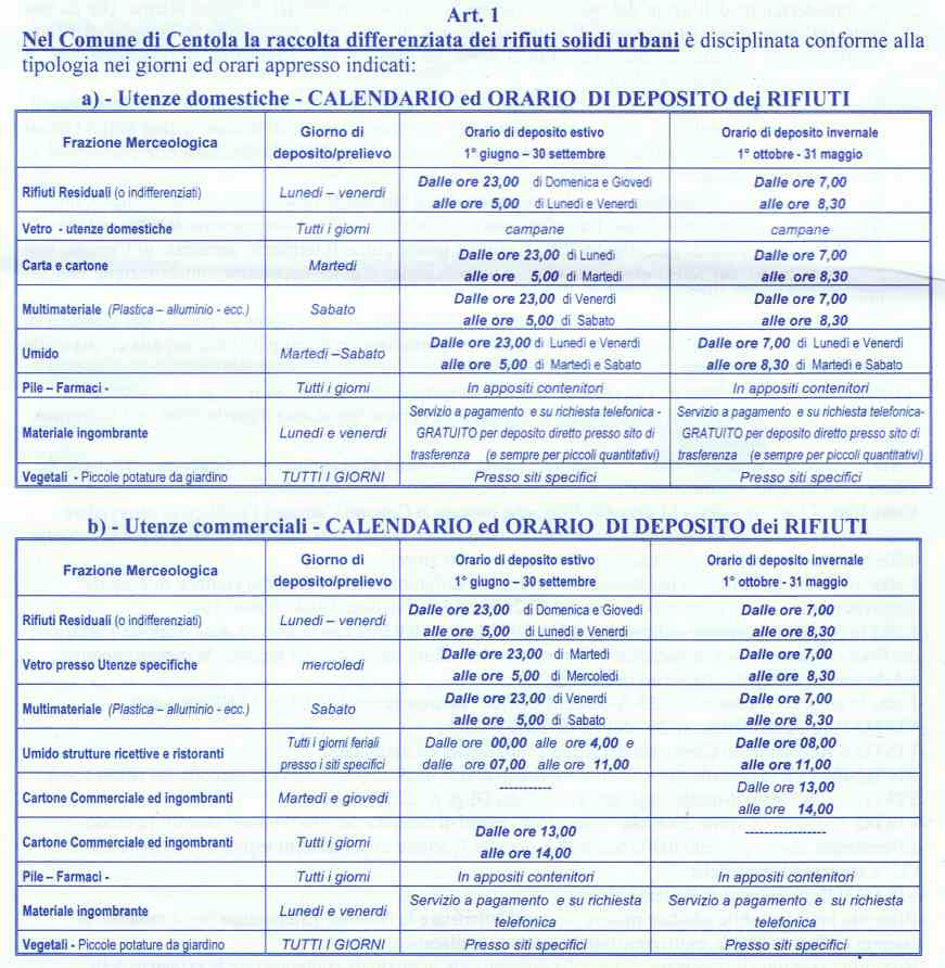 Calendario raccolta differenziata